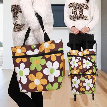 Не пропустите Складные портативные хозяйственные сумки купить Сумка для овощей вместительная хозяйственная сумка-Органайзер на колесиках - Цвет: Brown flowers
