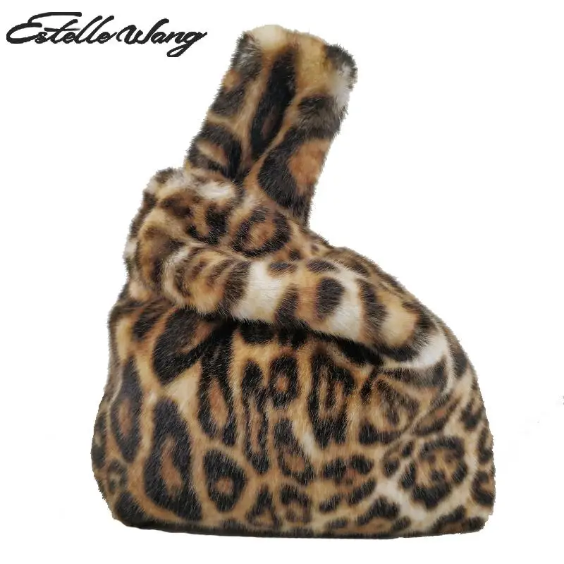 

Estelle Wang Faux Fur Casual Tote Retro Leopard Top-handle Handbag Ladies Plush Mink Fur Wrist Bag Puffy Vest Bag Bolsa