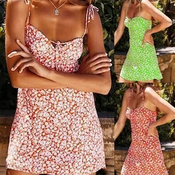 

2019 Summer Beach Sleeveless Women New Dresses V-neck Sexy Bodycon Fashion Spaghetti Strap Dress Casual Print OL Bow Mini Dress