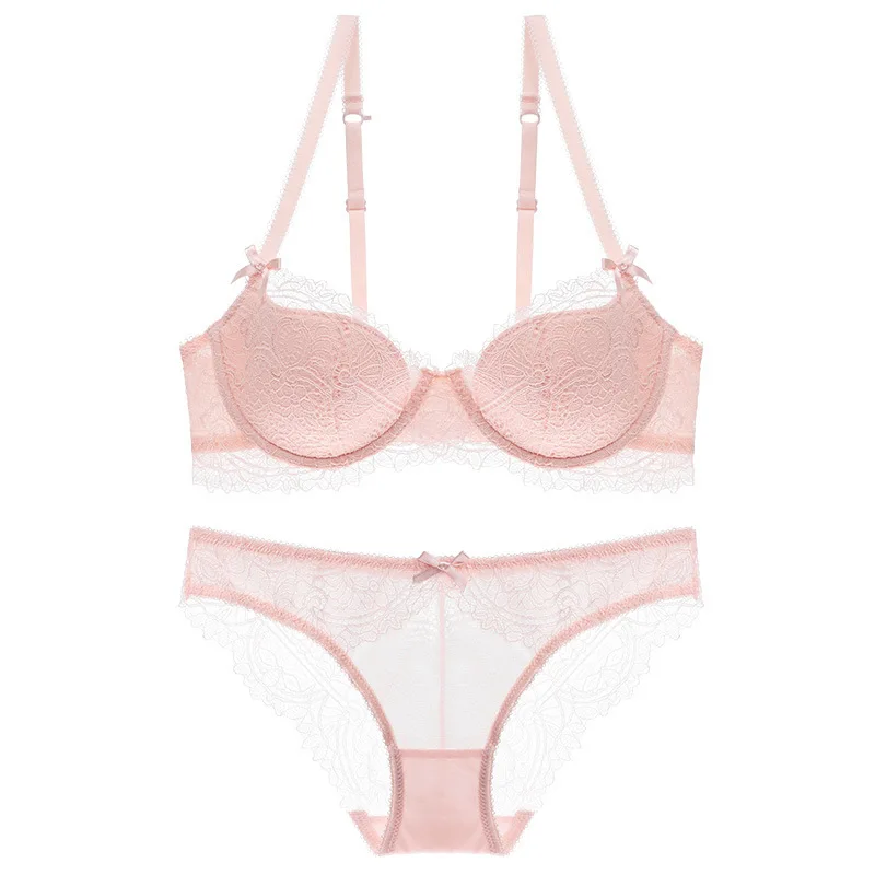 

Thin Cotton Women Underwear Sexy Transparent Lingerie Push Up Breathable Intimate Lace Panty and Bra Set Big Size 70-85ABCDE Cup
