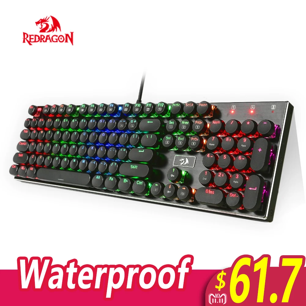 Goedkoop Redragon K556 RK RGB LED Backlit Mechanische Gaming Toetsenbord met Bruin Schakelaars 104 Anti ghosting Standaard Ronde keycap K556