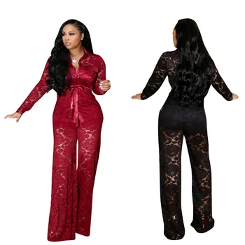 

Lace See Through Tracksuit Women Two Piece Set 2018 Casual Long Sleeve Turn-down Collar Shirt and Long Pants Night Club Set