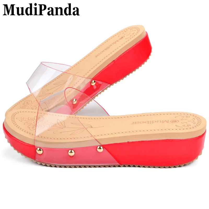 

Mudibear Flat Slippers Wedge Heel Platform Sides Jelly Red Summer Women Shoes Soft Leather Open Toe Size Plus 40 41 42
