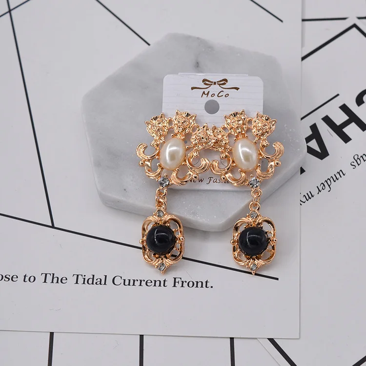 Classic Pearl Lion Head Long Earrings for women