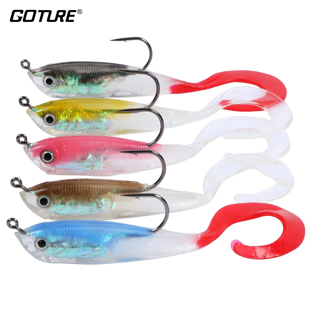 Goture 5 Pièces/sac 14g/12cm(0.5oz/4.72 ") Pêche Leurre Swimbait jig Plomb Tête Leurre Souple Avec Silicone Queue Pour Truite Sébaste Brochet (lot de 