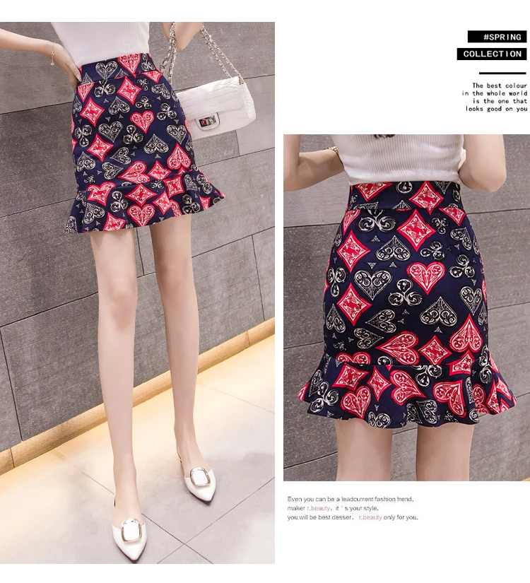 Vintage Printing Ruffle Hem Skirt High Waist Hip Package Mermaid Skirts Womens Korean Office Ladies Bodycon Stretch Mini Skirt