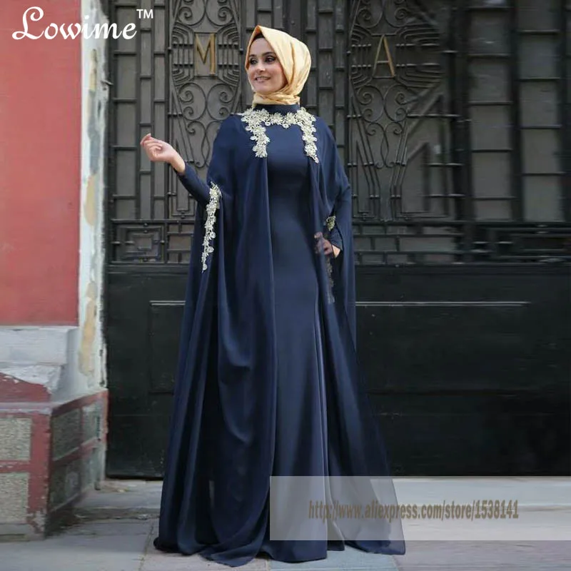 Navy Blue Kaftans Long Sleeves Hijab font b Evening b font font b Dress b font