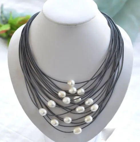 

Hot sale new Style >>>>>15row 20" 13mm white rice pearl gray leather necklace