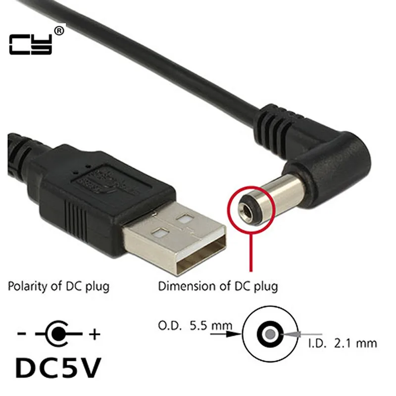 Cable de alimentación USB macho a 5,5mm x 2,1mm 5,5x2,1 CC, Conector de transferencia de CA, convertidor de interfaz de cargador, 1 m, 2m, 1 ud.