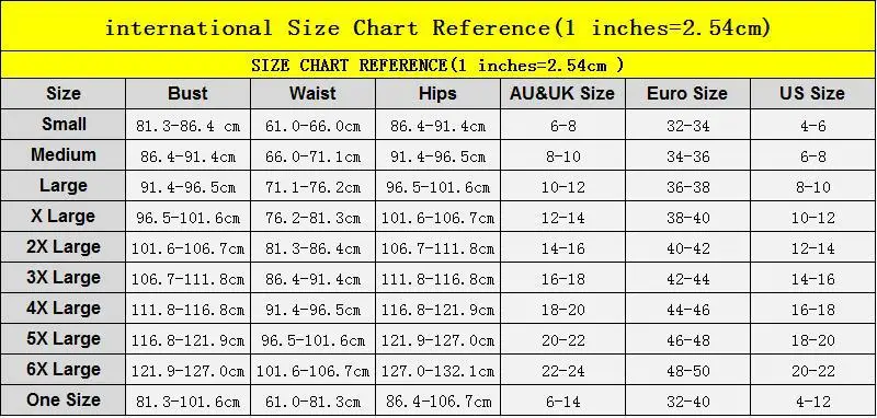 Swimming suit size table