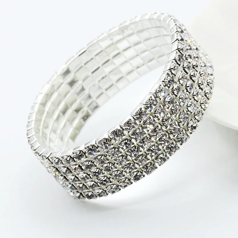 1 шт. полностью Кристальные эластичные однорядные браслеты сплав сверкающий комбинированный акриловый браслет для женщин, девушка, серебро - Окраска металла: 5 rows