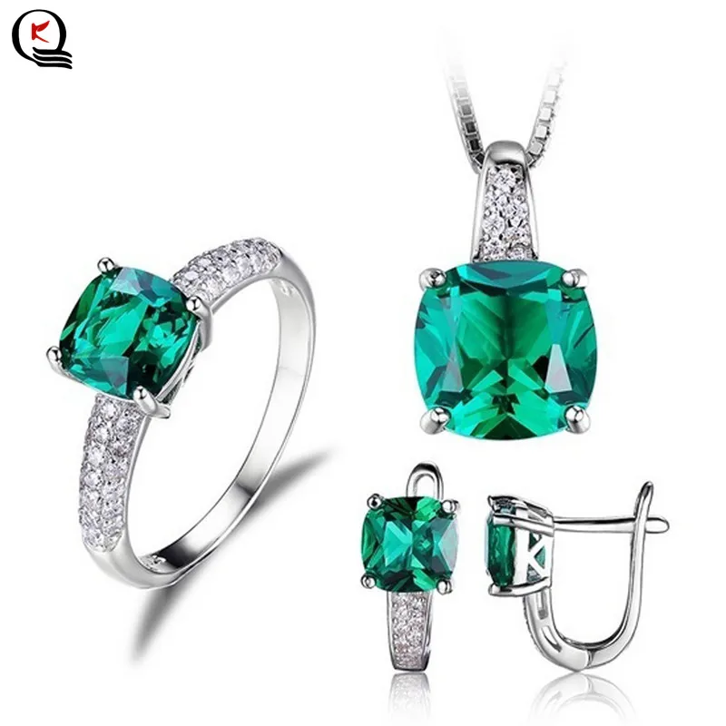 

Women Silver Plated Jewelry Sets Elegant Green Crystal Ring Hoop Earring Pendant Necklace New Fashion Party Gifts Jewelry