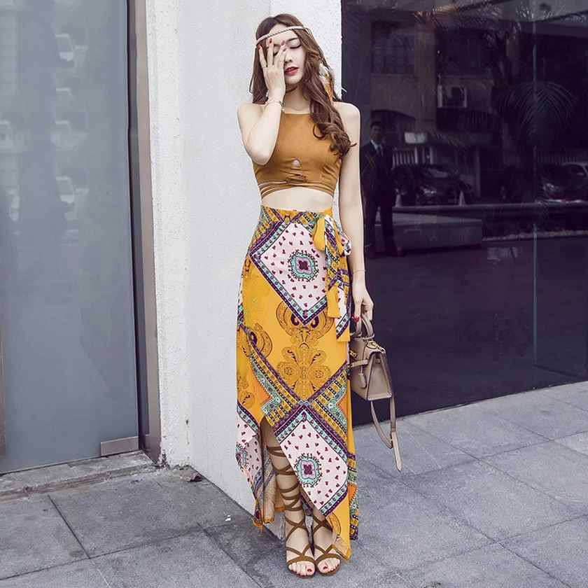 

Summer 2 Piece Set Dress Women's Geometric Printed Bohemian Irregular Skirt Suit Hippie Boho Chic Crop Top Beach Set Dresses