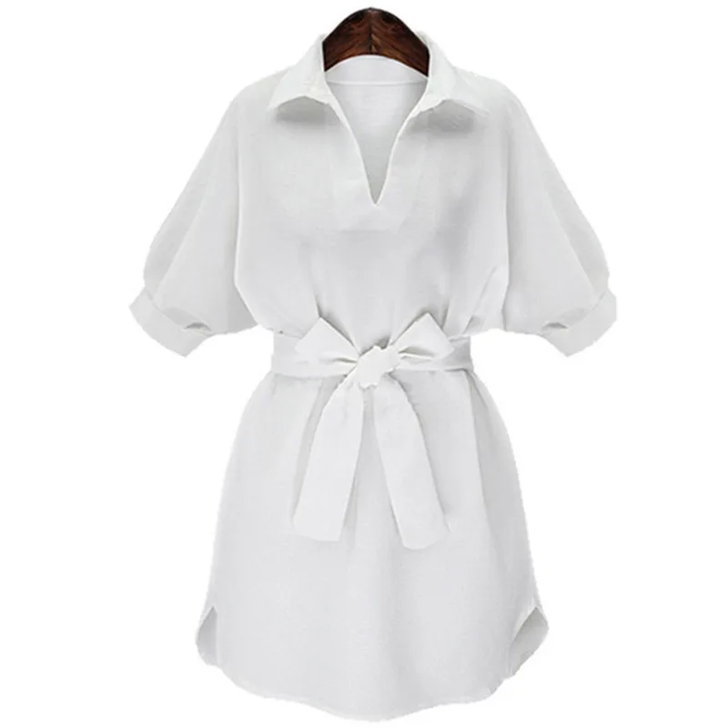 Летняя женская шифоновая блузка, рубашка, Повседневная, короткий рукав, макси блузка, длинная рубашка, топы, Женская Офисная белая рубашка, туника с поясом - Цвет: WZY383white