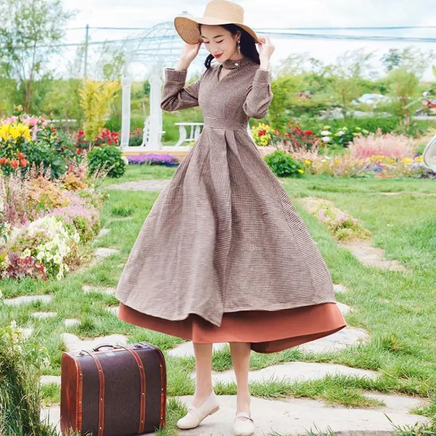 

Fashion brand retro hollow cut woolen fabric dress female college style high waist fake two pieces plaid dress wq964 dropship