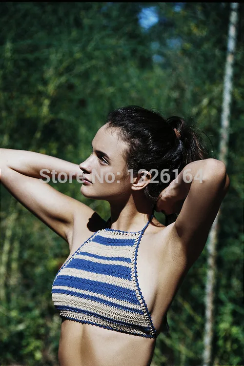 Ручной работы крючком сексуальный купальный костюм бикини укороченный топ пляжный купальник из хлопка - Цвет: Blue as pic