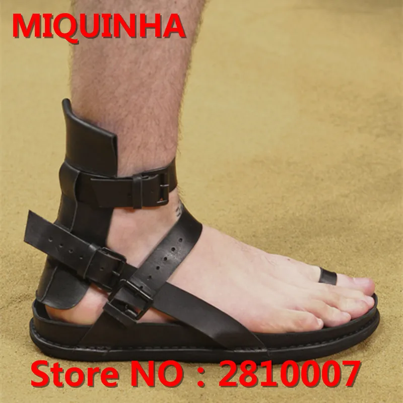 

2017 Spring/Summer New Casual Rome Novelty Genuine Leather Buckle Strap Solid Sandals Black Flat Gladiator Men Shoes Popular