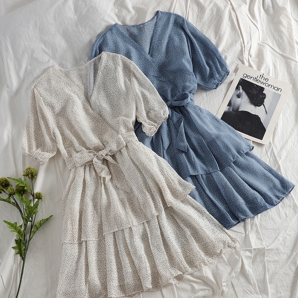 

2019 Women Summer V-Neck Lantern Sleeve Polka Dot Chiffon Bow Dress Vintage Bandage Strap Elastic Slim Pullover Party Midi Dress