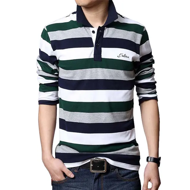 Plus size Men Polos Shirt 3XL 4XL 5XL Long Sleeved Striped Polo Shirt