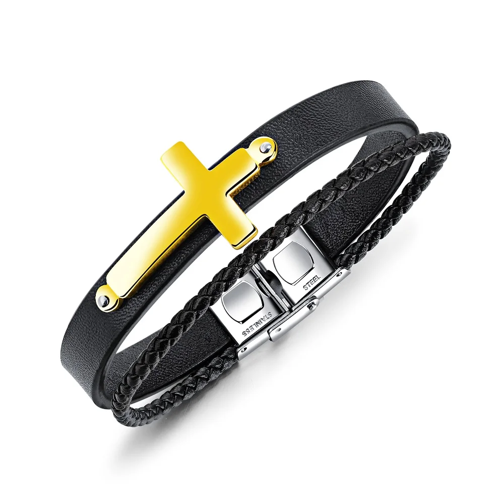 FATE LOVE New Male Men Statement Cross Charm Bracelets & Bangles Jewelry Black PU Leather Wristlet Fashion Jewelry