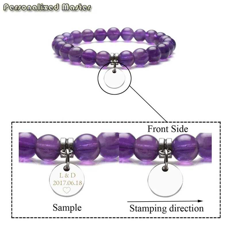 Персонализированные мастер гравировка очарование камень Упругие Стретч браслет Круглый диск персонализированные текст, выгравированный подарок
