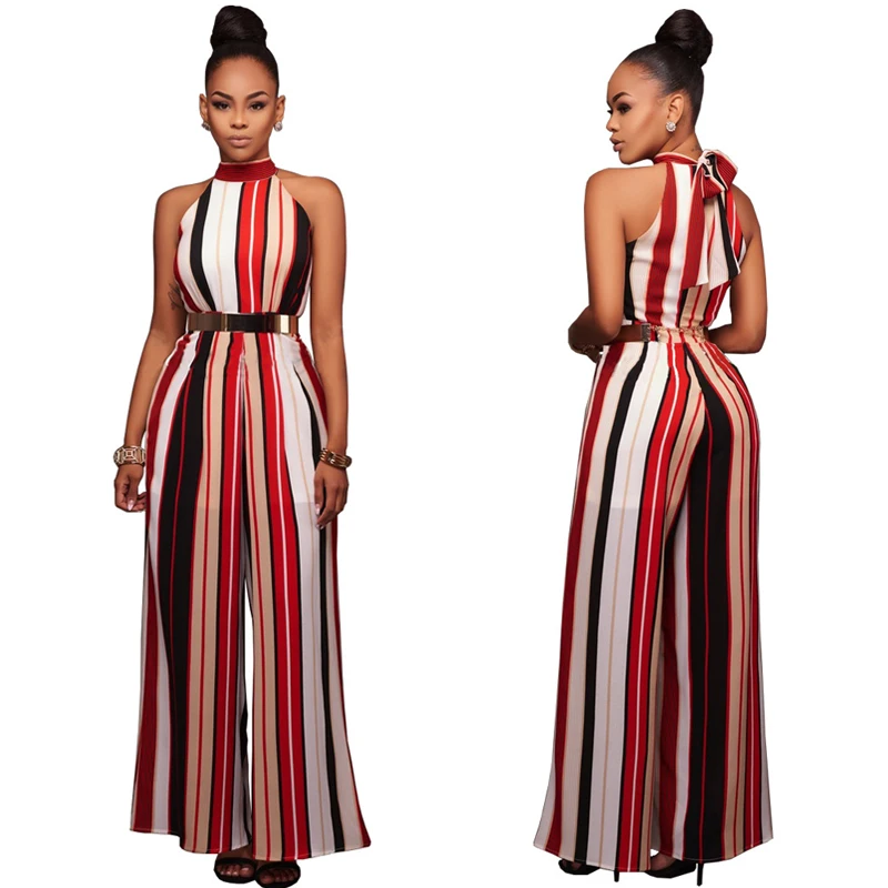 2019 New Sexy One Piece ROMPERS WOMENS JUMPSUIT STRIPED Elegant Long Wide Leg Pants Halter Loose Overalls Party Colorful Summer 