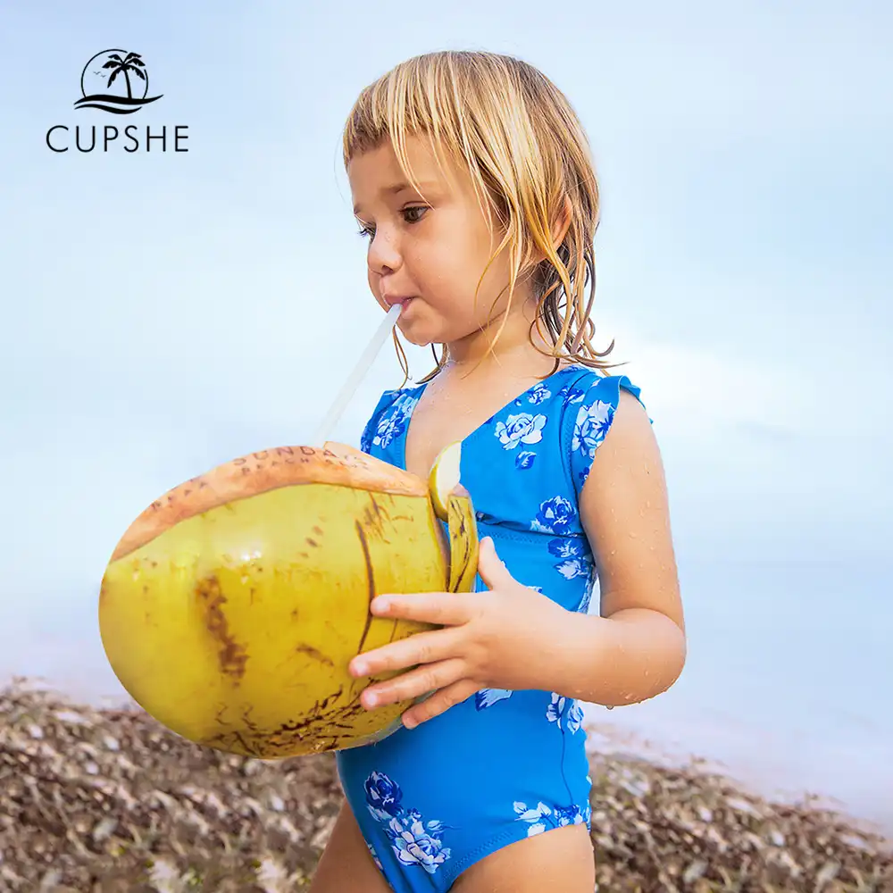 CUPSHE/детский синий слитный купальник с цветочным принтом для малышей; коллекция 2020 года; Детские монокини для маленьких девочек; купальные костюмы - изображение