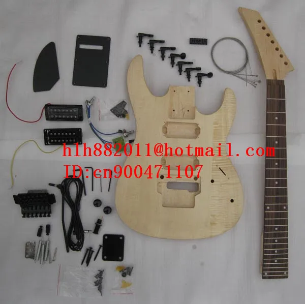 

FREE SHIPPING UNFINISHED double wave 7 strings ELECTRIC GUITAR with black hardware in natural color without paint +foam box