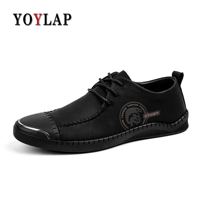 

YOYLAP Brand 2018 New Men's Genuine Leather Casual Shoes Men Spring Autumn Men's Shoes Lace-Up Solid Men Flat With Shoes