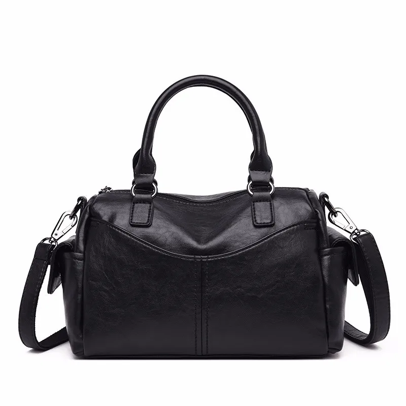 Роскошные женские сумки, дизайнерская винтажная Бостонская ручная сумка, маленькая сумка, основная мягкая кожаная сумка на плечо, женские сумки-тоут, новинка - Цвет: black