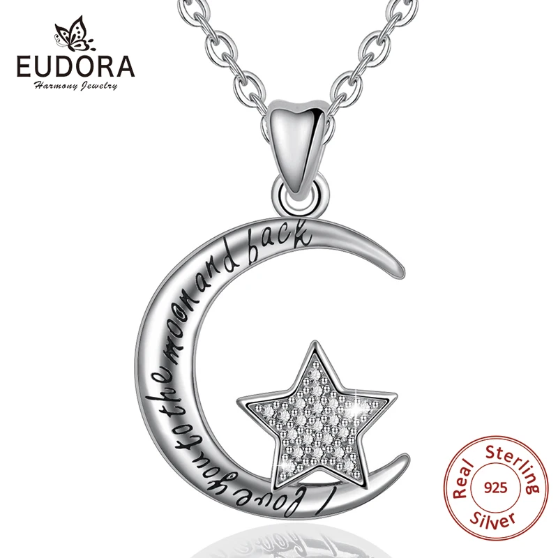 

EUDORA Genuine 925 Sterling Silver crescent moon and star Pendant Necklace with Shimmering Crystal Fine Jewelry for women CYD034