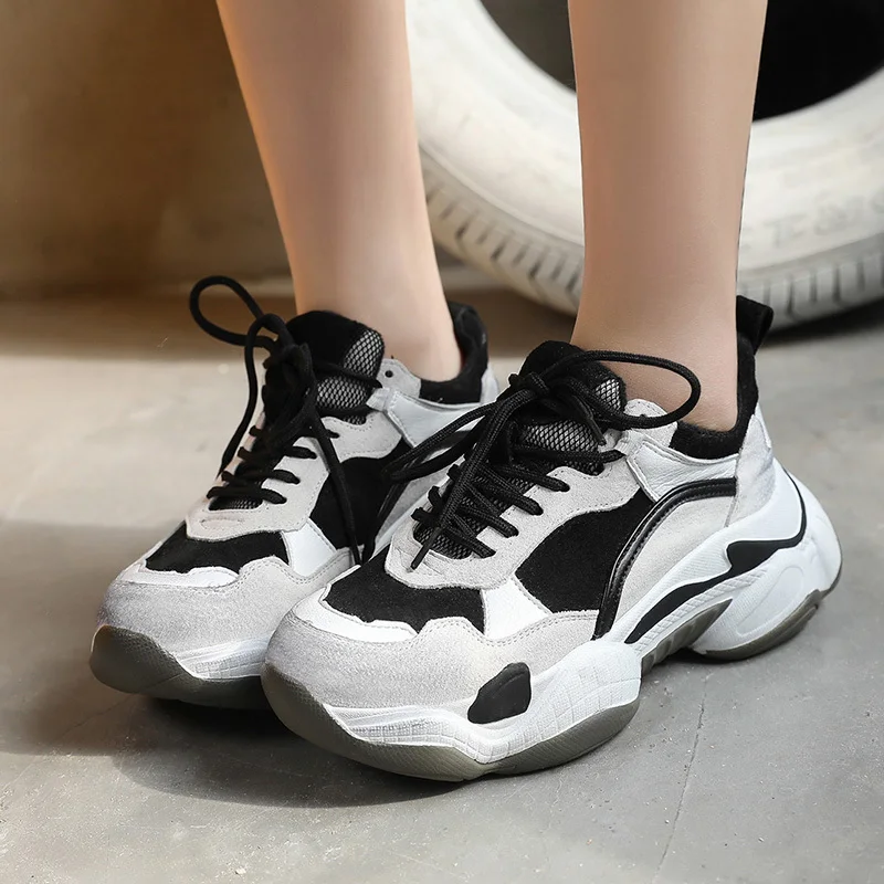 

Women's sports shoes spring and autumn black and white thick bottom increased running shoes stitching color walking shoes MM-93