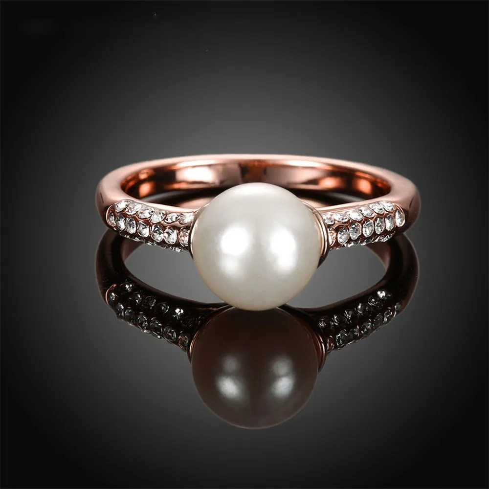 

Wedding rings for Women Copper Rose gold Elegant simulated pearl Rings Fashion Crystal Engagement Rings Jewelry Gift for girl