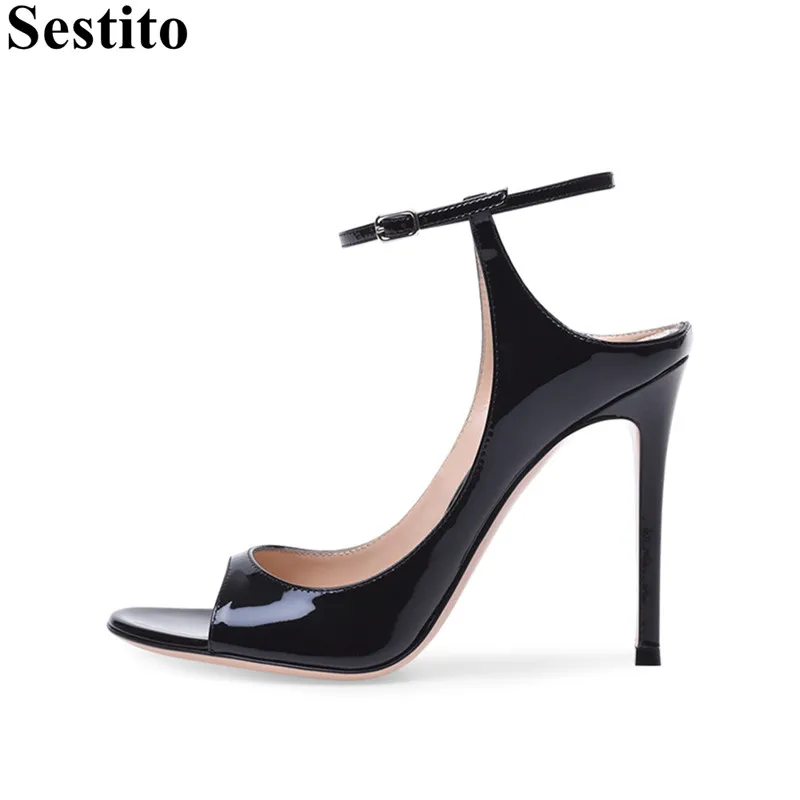 

Concise Black Patent Leather Summer Casual Shoes Peep Toe Thin Heels Women Sandals Buckle Strap New European Party Women Shoes