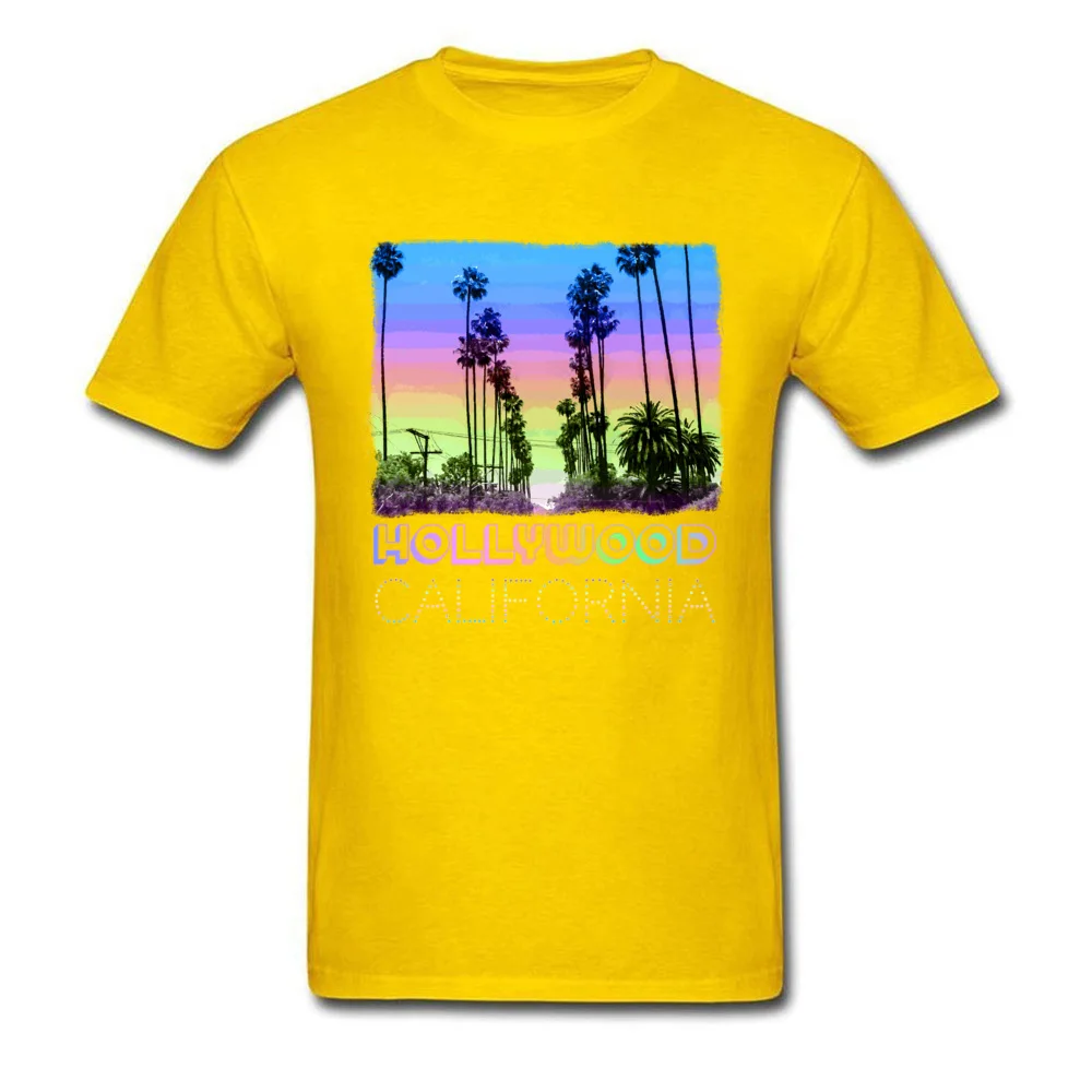 Printing Pure Cotton Tshirts for Men Short Sleeve Printed T Shirt Designer April FOOL DAY O-Neck T Shirt Design Hollywood California Palm Trees Fun Neon Retro Design yellow