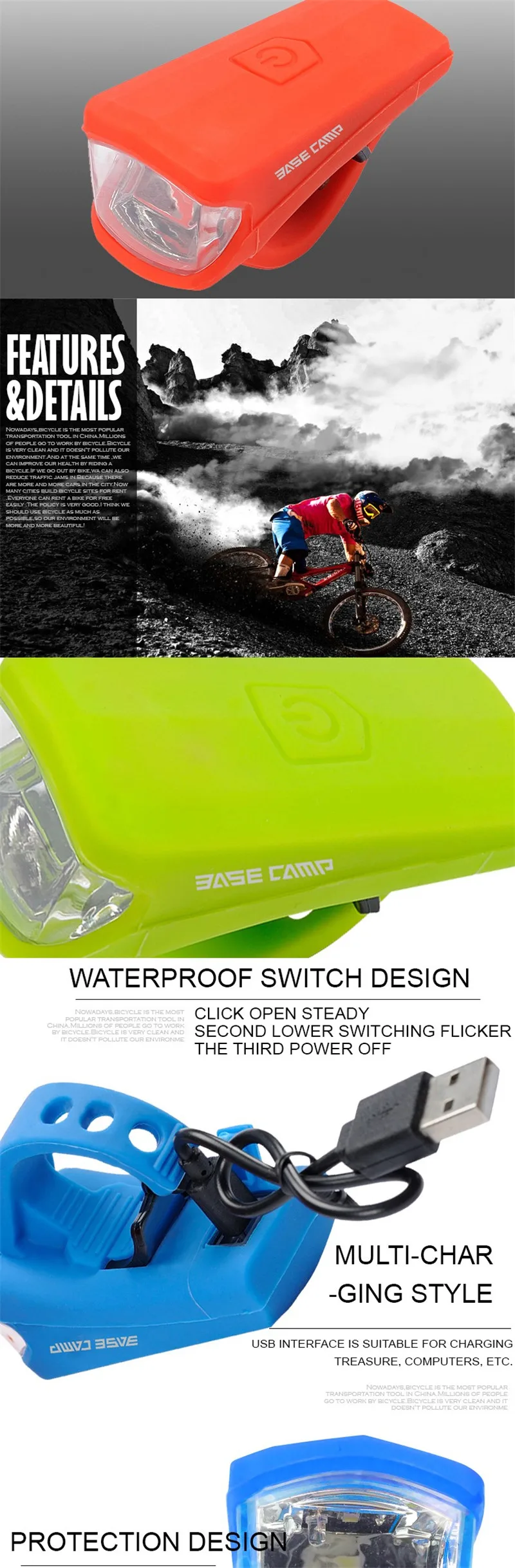 Excellent Basecamp 3W LED USB Charging MTB Bike Light Silica gel Waterproof Bicycle Front Light Bike Lamp 4 Color Bicycle Accessories 5