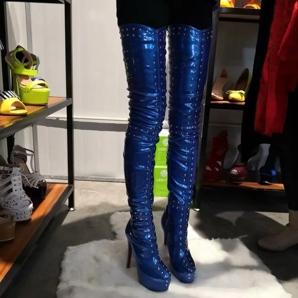 Señoras reales Fotos botas remaches picos Hi Top fiesta muslo alta botas de  moda vestido de noche la rodilla botas D126|Botas sobre la rodilla| -  AliExpress