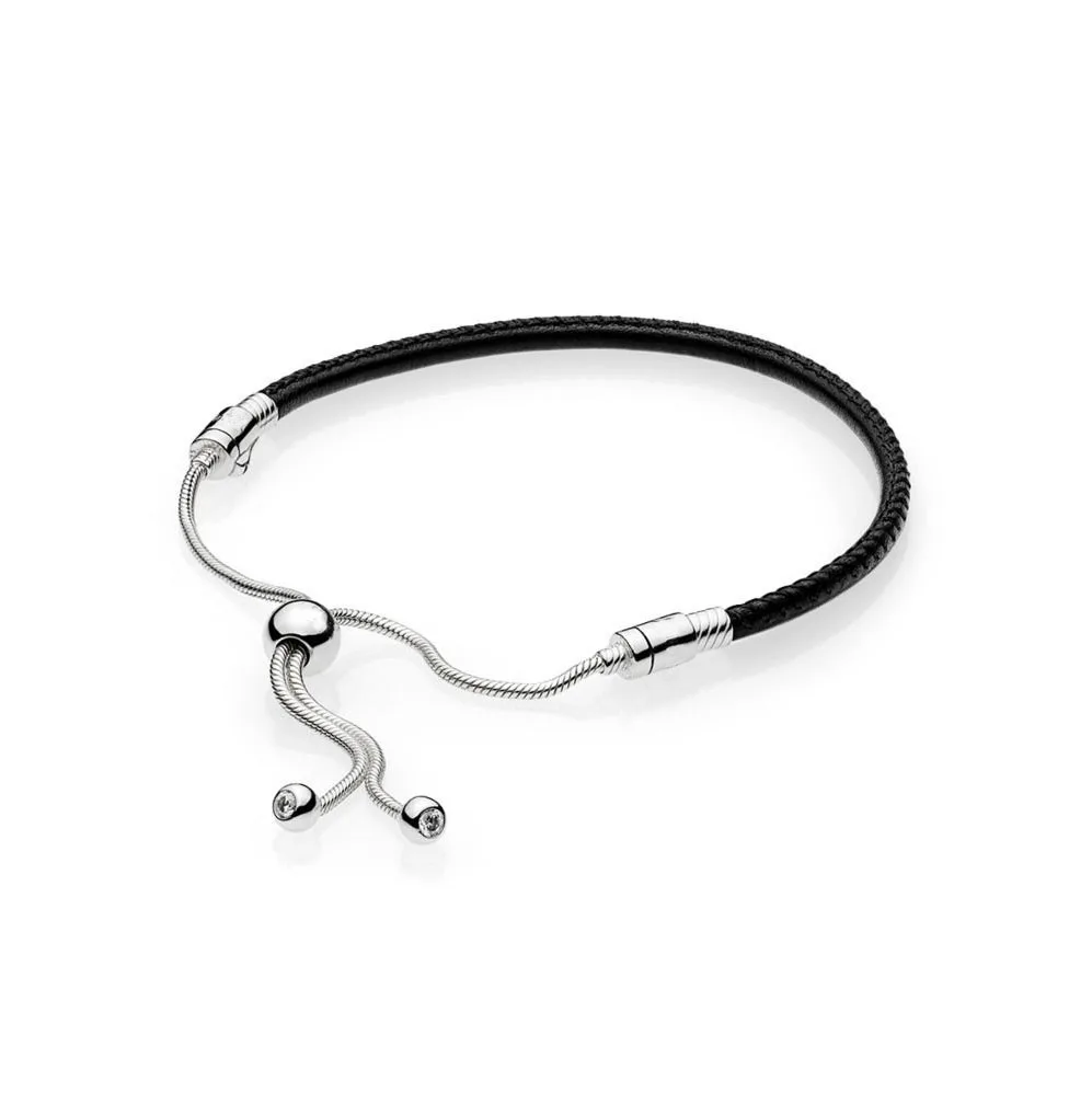 

2018 New 100% 925 sterling silver MOMENTS Black Leather Sliding Bracelet Fit Original panqiou Bracelet Bead DIY Jewellery