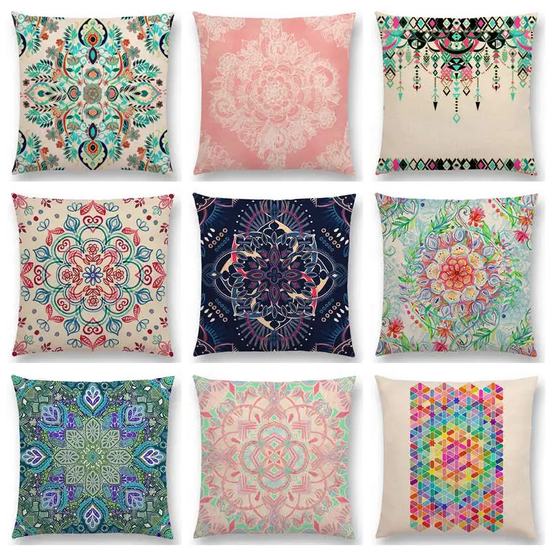 

Hot Sale Boho Art Colorful Flower Gorgeous Floral Doodle Botanical Geometry Mandala Decorative Pattern Pillow Case