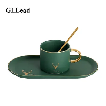 

GLLead North European Ceramic Tea Cup With Plate Creative Gold Porcelain Coffee Cups Snack Dish Set English Afternoon Tea Teacup