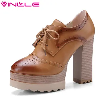 

VINLLE 2020 Women Pumps Pointed Toe PU Leather Lace Up Black Cut Outs Square High Heel Ladies Wedding Shoes Size 34-42