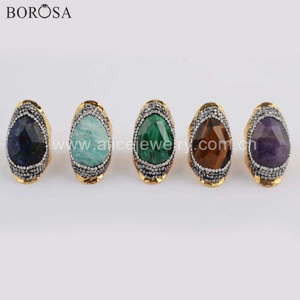 

BOROSA 5PCS Natural Stone Gold Band Ring Teardrop Amethysts Malachite Jewelry Adjustable Size Ring JAB956-1