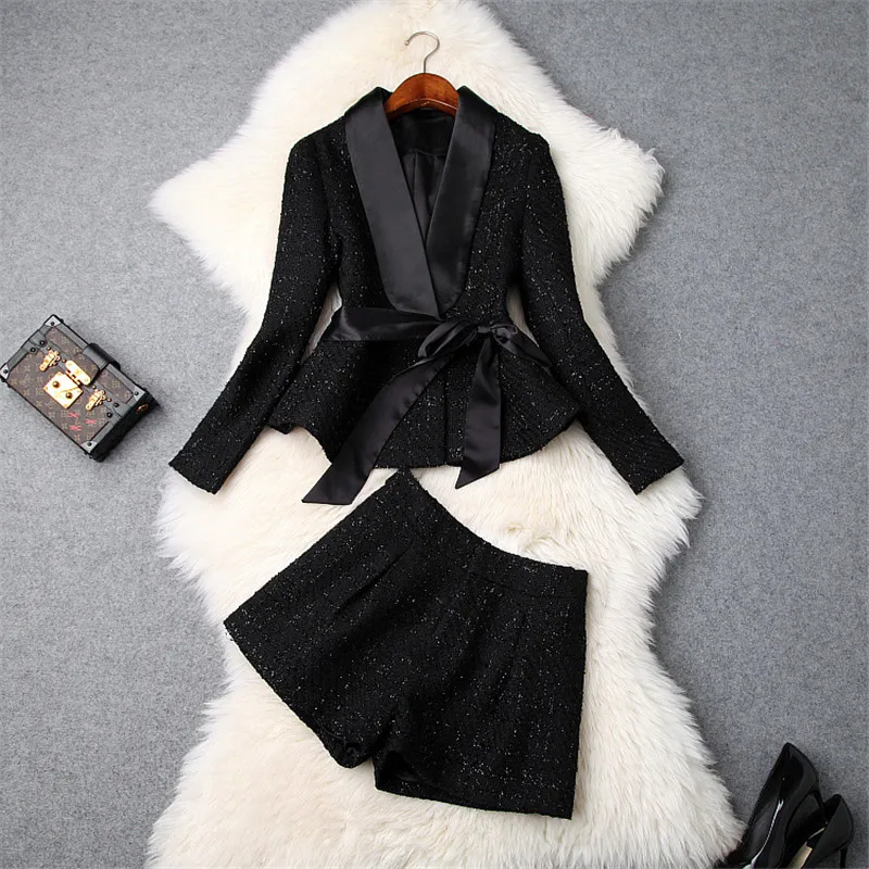 

Top Brand Fashion Winter 2Pcs Suit Set 2018 Women Designer Long Sleeve Tweed Woolen Jackets and Shorts Suit Set Lady Office Set