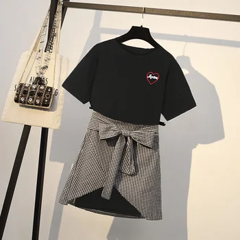 

Plus Size 4xl Plaid A-line Top And Skirt Irregular Split Two Piece Set Summer Chic Bowknot Year-old Female Costume Clothes