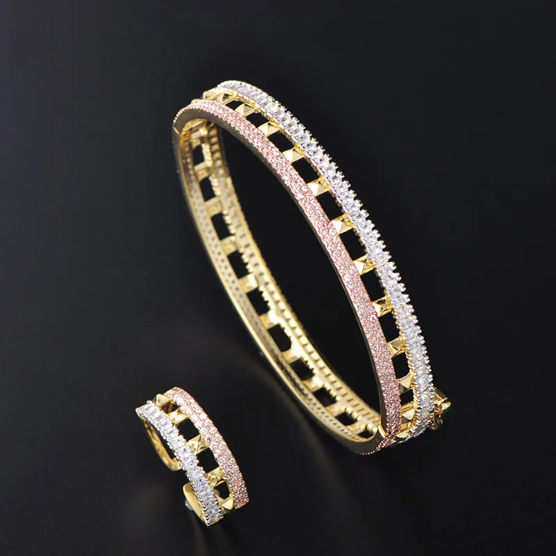 

DAZZ Luxury Hollow Out 2 Tone Zircon Gold Color Jewelry Set For Women's Wedding African Bangle Ring Sets Bridal Accessories 2019