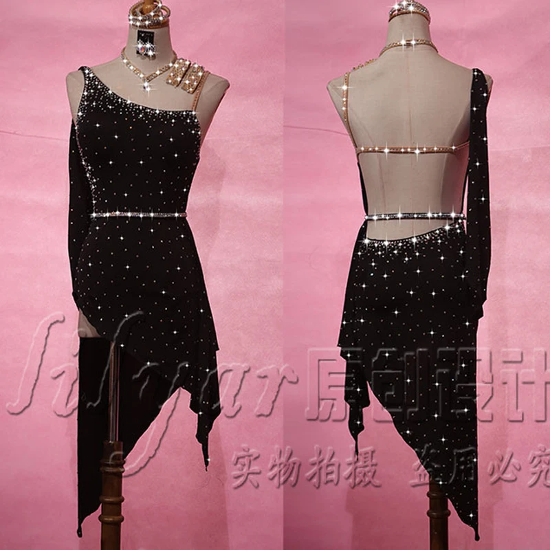 

2019 Latin Dance Dress For Women Full Rhinestone Dress Black Salsa Dress Backless Falda Flecos Competition Latin Dresses VDB160
