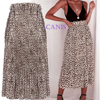 

2019 Women Chiffon Skirt High Waist Long Leopard Print Skirts Evening Party Skater Flared Pleated Long Skirt