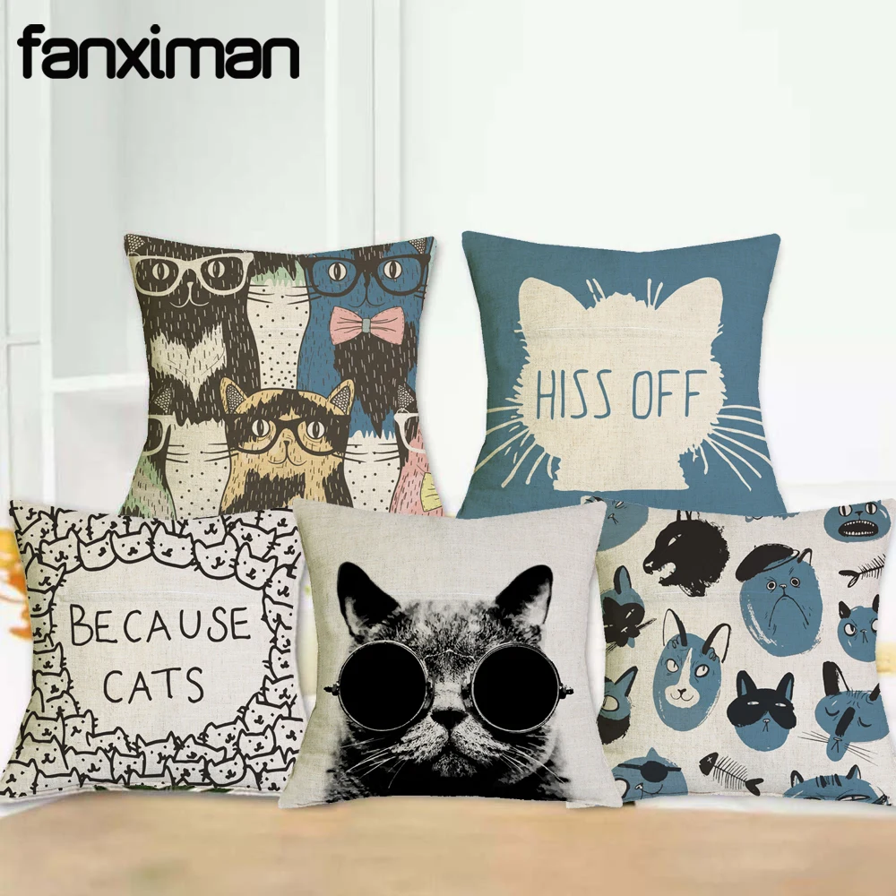 c01062 Cat Print Cushion Cover Linen 