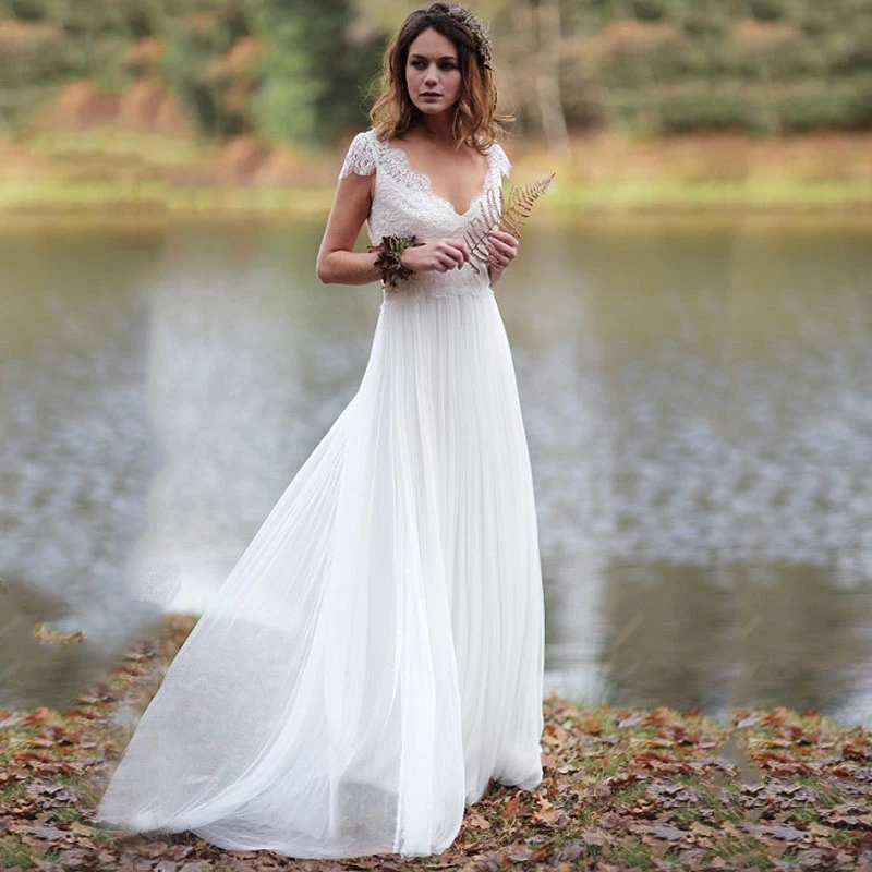 

New Beach Wedding Dress 2019 V Neck Appliqued wih Lace Princess Cheap Bride Dress Tulle A-Line Wedding Gowns noiva