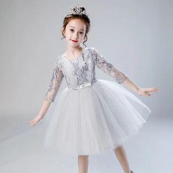 

Appliques Lace Flower Girl Princess Dress Formal Birthday Wedding Gray Tulle Toddler Girl Pageant Party First Communion Gown